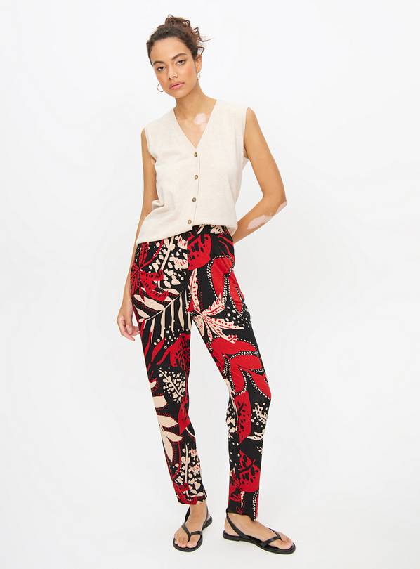 Red Abstract Tropical Print Tapered Trousers  14